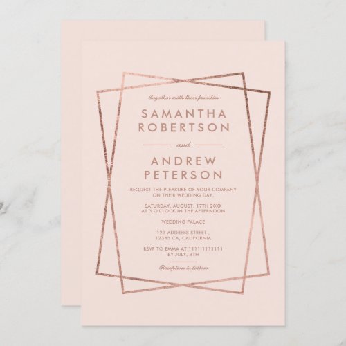 Modern faux rose gold frame blush pink wedding invitation