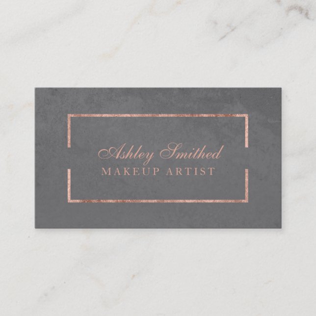 Modern faux rose gold frame grey cement makeup business card (Front)
