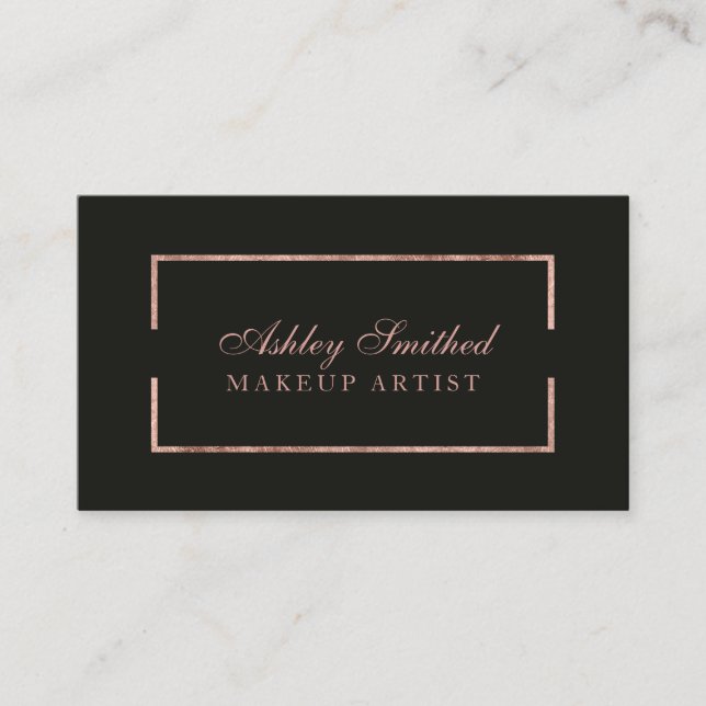 Modern faux rose gold frame grey simple makeup business card (Front)