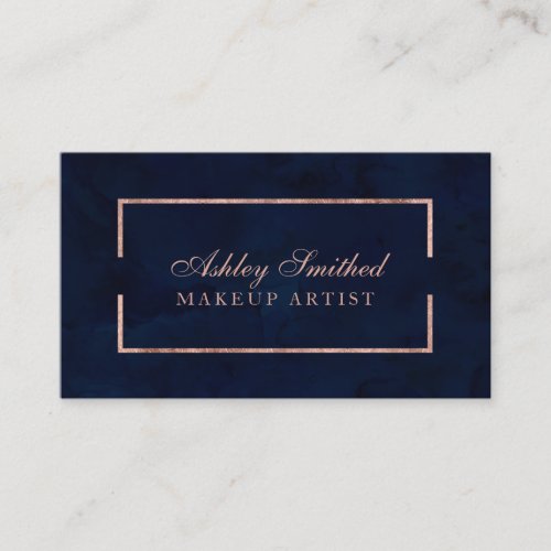 Modern faux rose gold frame navy watercolor makeup business card