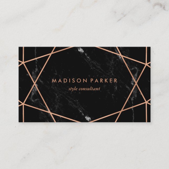 Modern Faux Rose Gold Geometric on Black Marble Business Card (Front)