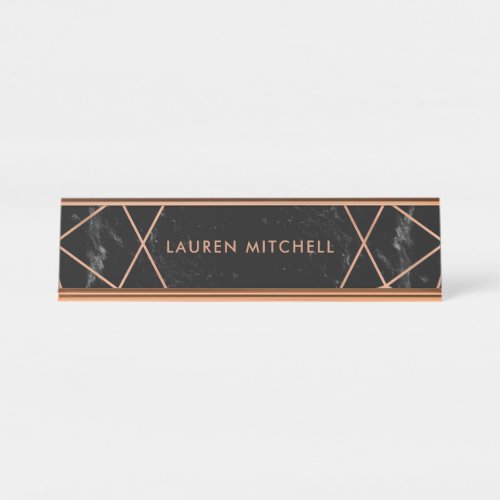 Modern Faux Rose Gold Geometric on Black Marble Desk Name Plate