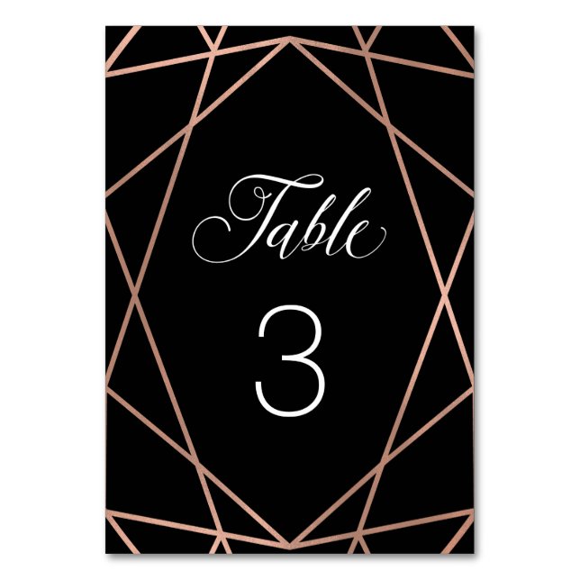 Modern Faux Rose Gold Geometric on Black Table Number (Front)