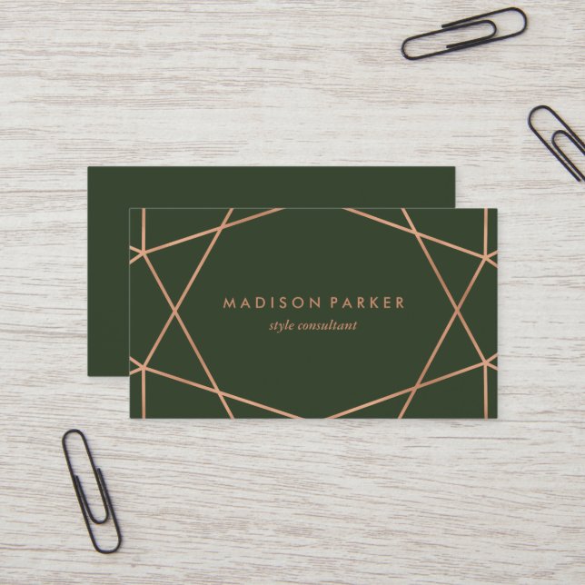 Modern Faux Rose Gold Geometric on Dark Green Business Card (Front/Back In Situ)