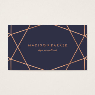 Modern Faux Rose Gold Geometric on Midnight Blue Business Card