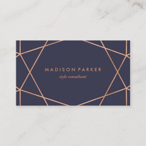Modern Faux Rose Gold Geometric on Midnight Blue Business Card