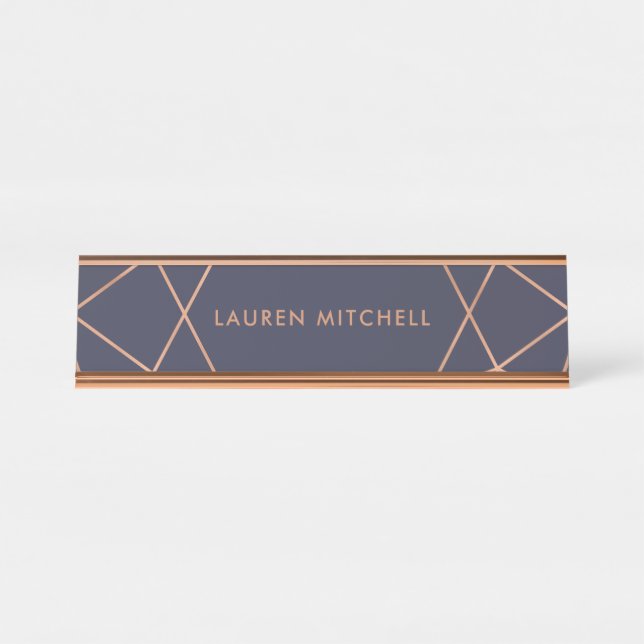 Modern Faux Rose Gold Geometric on Midnight Blue Desk Name Plate (Front)