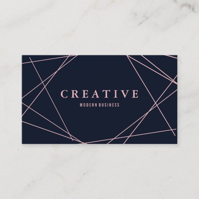 Modern Faux Rose Gold Geometric on Navy Blue Business Card (Front)