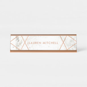 Modern Faux Rose Gold Geometric on White Marble Desk Name Plate