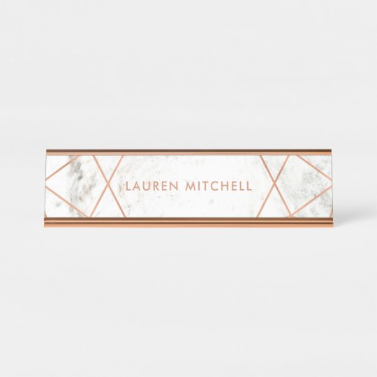 Modern Faux Rose Gold Geometric On White Marble Desk Name Plate