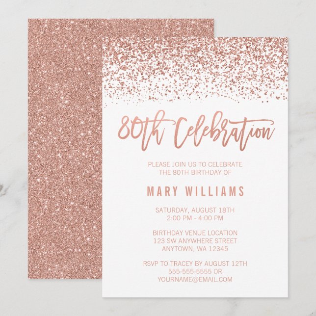 Modern Faux Rose Gold Glitter 80th Birthday Invitation (Front/Back)