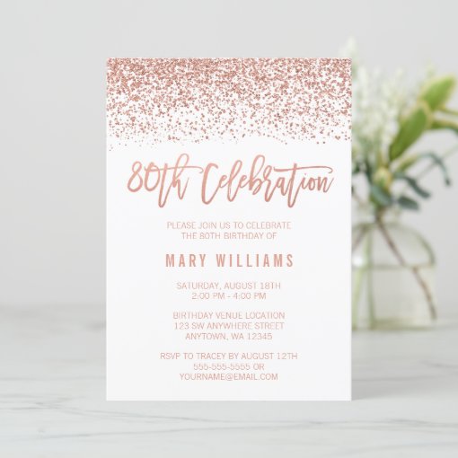 Modern Faux Rose Gold Glitter 80th Birthday Invitation | Zazzle