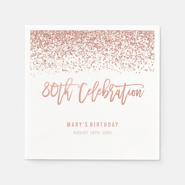 Modern Faux Rose Gold Glitter 80th Birthday Napkins (Front)
