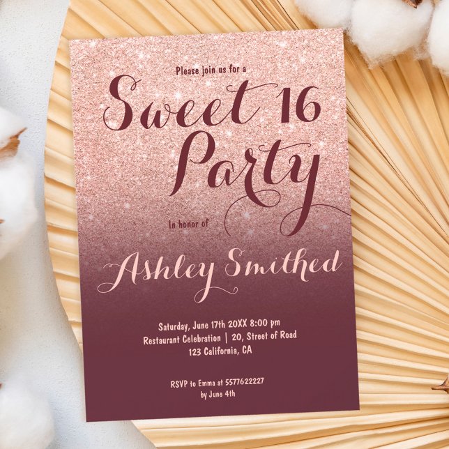 Modern faux rose gold glitter burgundy Sweet 16 Invitation (Creator Uploaded)
