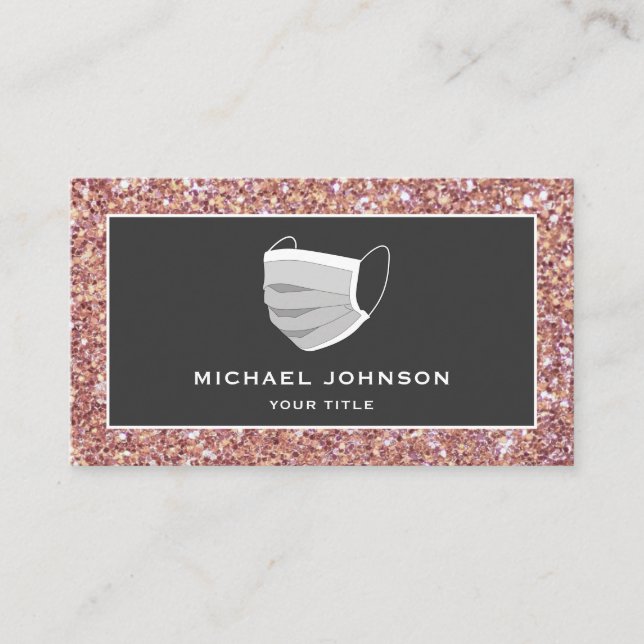 Modern Faux Rose Gold Glitter Face Mask Business Card (Front)