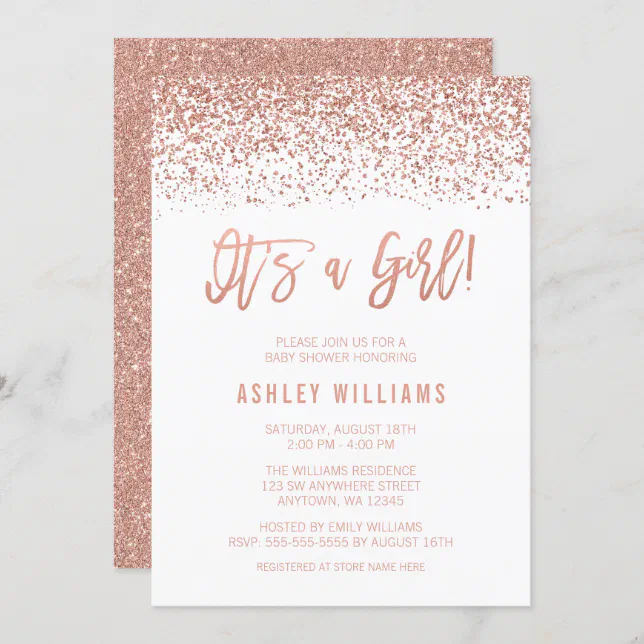 Modern Faux Rose Gold Glitter Girl Baby Shower Invitation | Zazzle