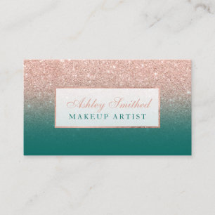 Modern faux rose gold glitter green ombre makeup business card