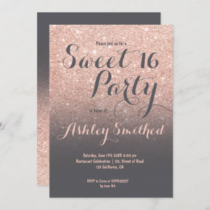 Modern faux rose gold glitter grey Sweet 16 Invitation