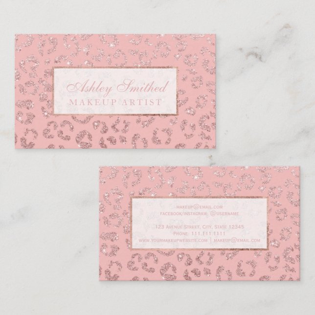 Modern faux rose gold glitter leopard makeup business card (Front/Back)