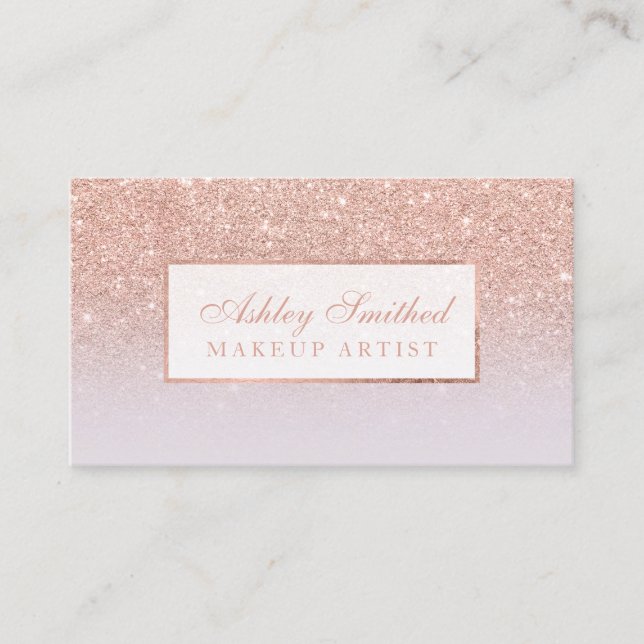 Modern faux rose gold glitter lilac ombre makeup business card (Front)