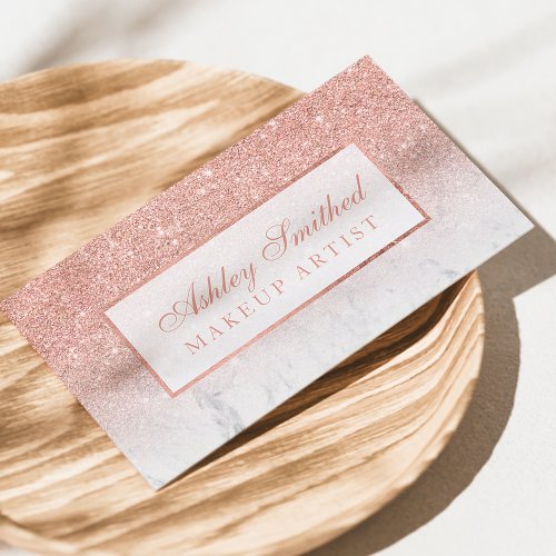 Modern faux rose gold glitter marble ombre makeup business card
