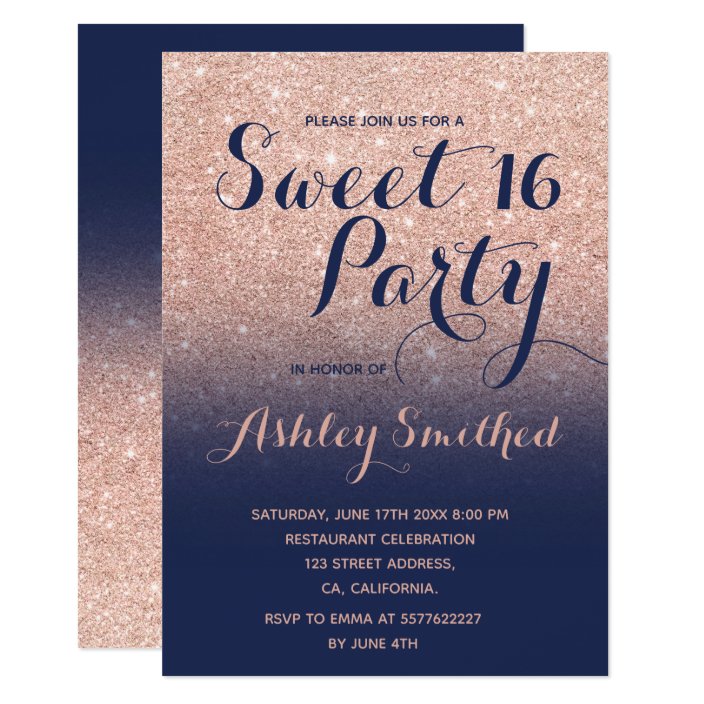 Modern Faux Rose Gold Glitter Ombre Navy Sweet 16 Invitation Zazzle Modern Faux Rose Gold Glitter Ombre