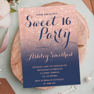 Modern faux rose gold glitter ombre navy Sweet 16 Invitation
