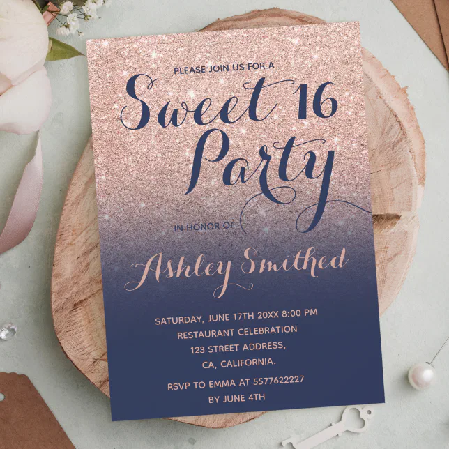 Modern Faux Rose Gold Glitter Ombre Navy Sweet 16 Invitation Zazzle 2144