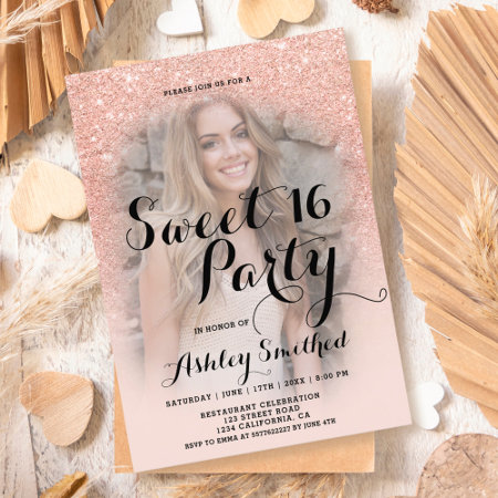 Modern Faux Rose Gold Glitter Ombre Photo Sweet 16 Invitation