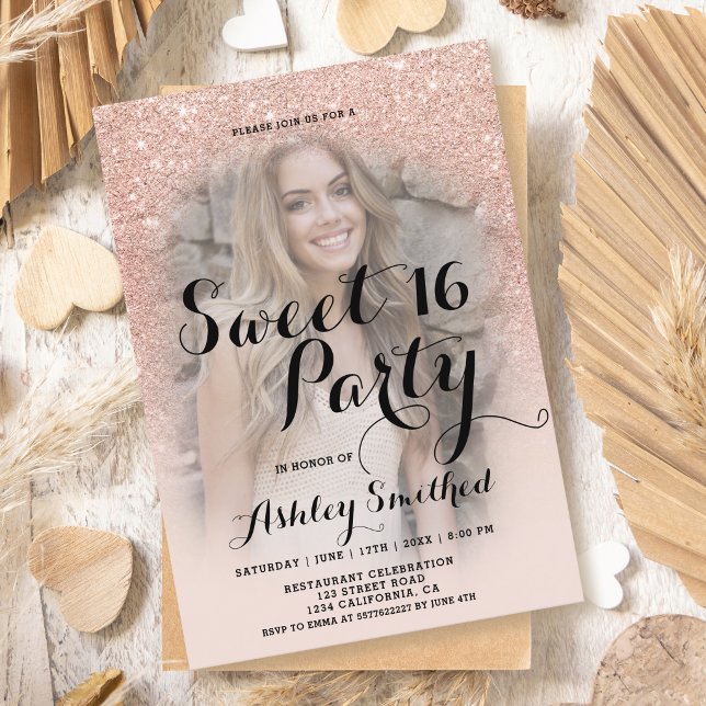 Modern faux rose gold glitter ombre photo Sweet 16 Invitation