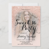 Modern faux rose gold glitter ombre photo Sweet 16 Invitation (Front)