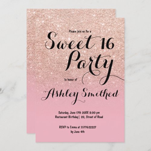 Modern faux rose gold glitter ombre pink Sweet 16 Invitation