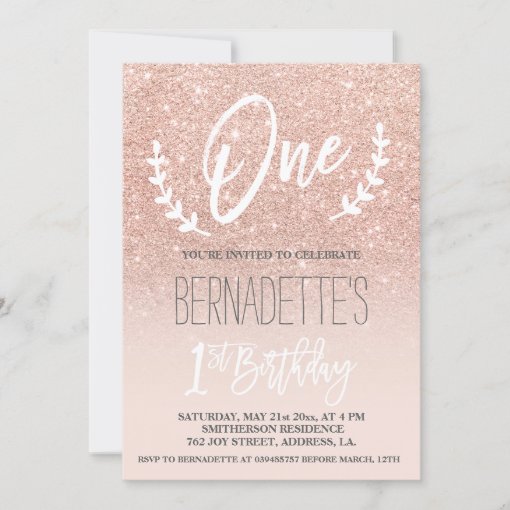 Modern faux rose gold glitter script 1st Birthday Invitation | Zazzle