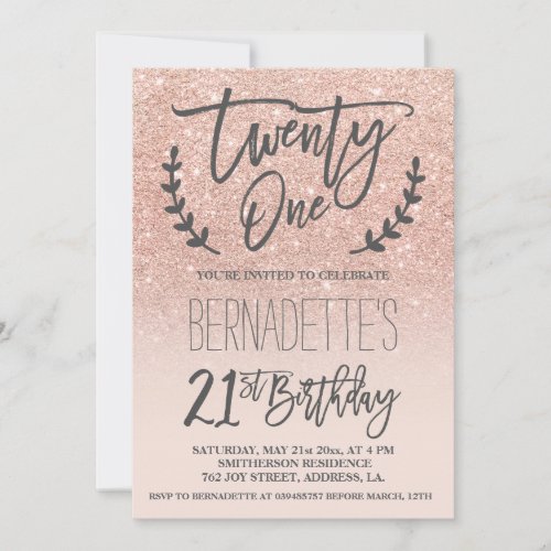 Modern faux rose gold glitter script 21st Birthday Invitation