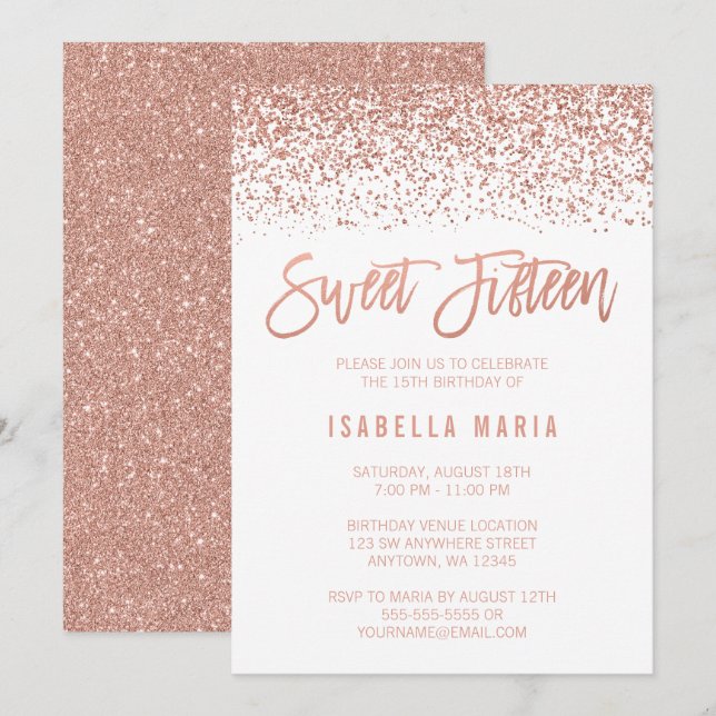 Modern Faux Rose Gold Glitter Sweet 15 Birthday Invitation (Front/Back)