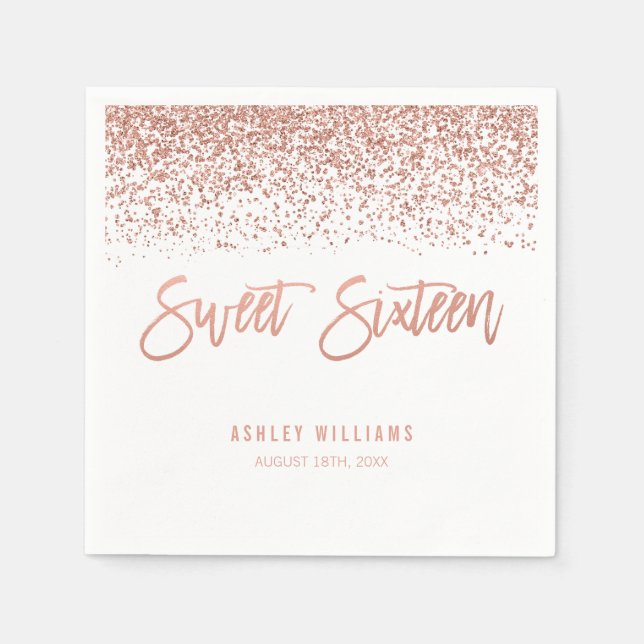 Modern Faux Rose Gold Glitter Sweet 16 Birthday Napkins (Front)