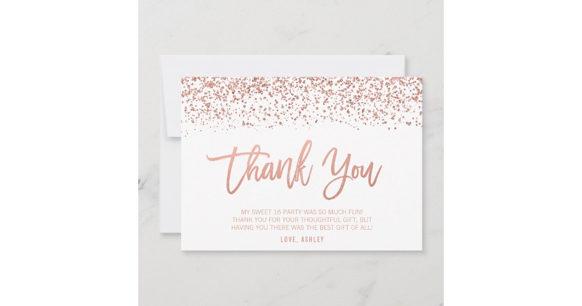 Modern Faux Rose Gold Glitter Sweet 16 Thank You Card | Zazzle