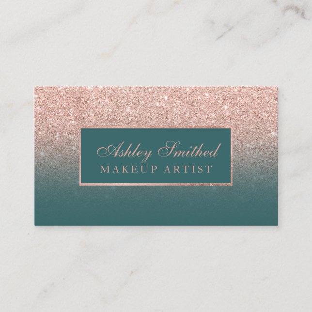 Modern faux rose gold glitter teal ombre makeup business card (Front)
