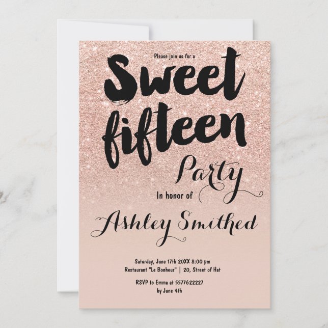 Modern faux rose gold glitter typography Sweet 15 Invitation (Front)