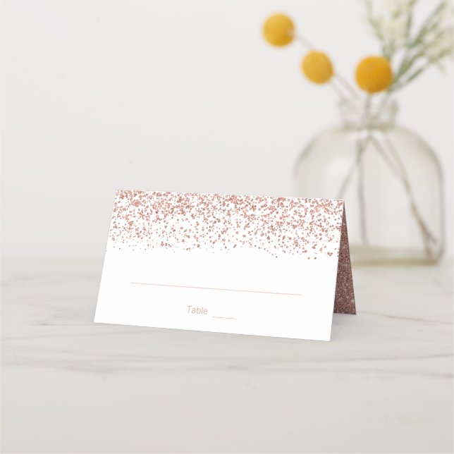 Modern Faux Rose Gold Glitter Wedding Folded Place Card (Front)