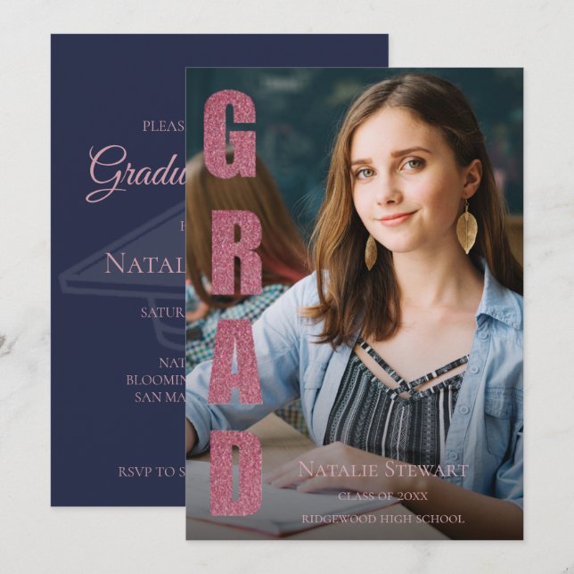 Modern Faux Rose Gold GRAD Photo Graduation Invitation (Front/Back)