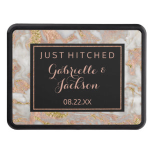 Modern Faux Rose Gold Marble Just Hitched Wedding Hitch Cover
