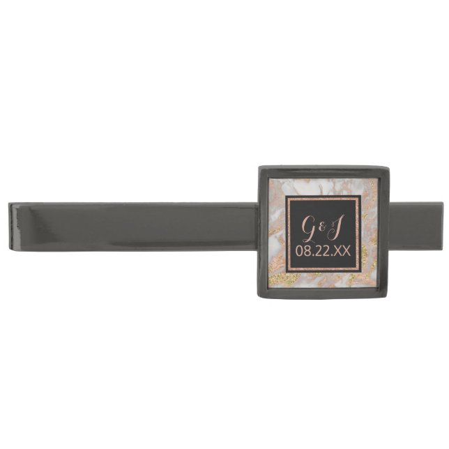 Modern Faux Rose Gold Marble Monogram Wedding Gunmetal Finish Tie Clip (Front)