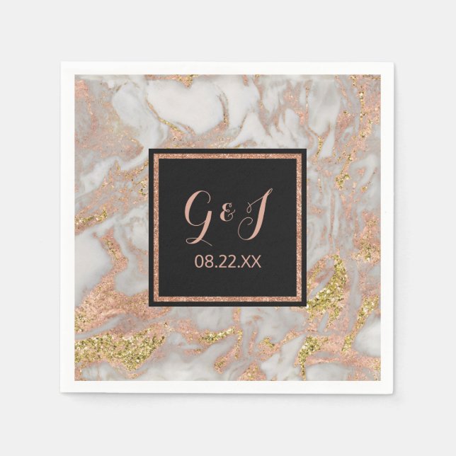 Modern Faux Rose Gold Marble Monogram Wedding Napkins (Front)