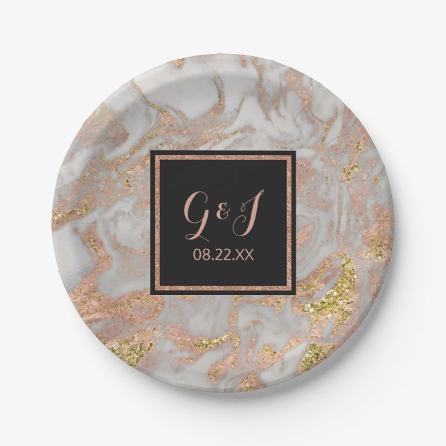 Modern Faux Rose Gold Marble Monogram Wedding Paper Plates (Front)