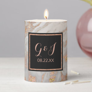 Modern Faux Rose Gold Marble Monogram Wedding Pillar Candle