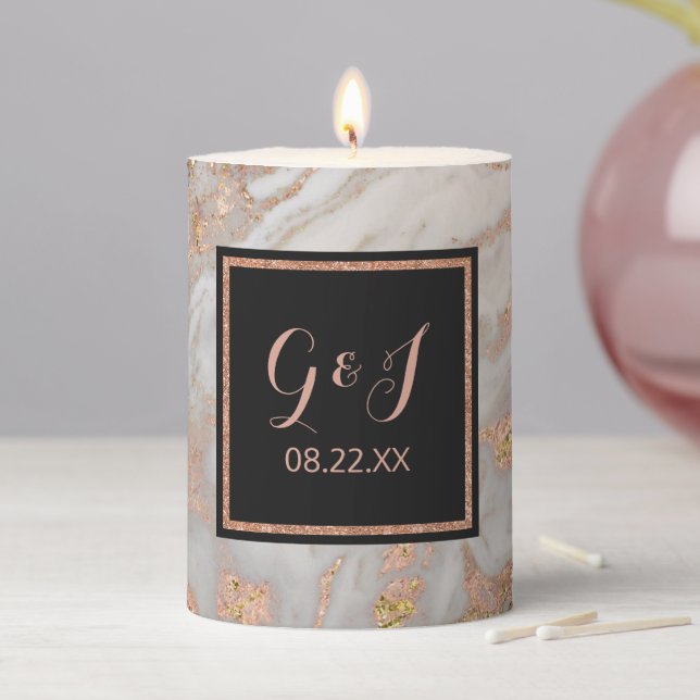 Modern Faux Rose Gold Marble Monogram Wedding Pillar Candle (In Situ)