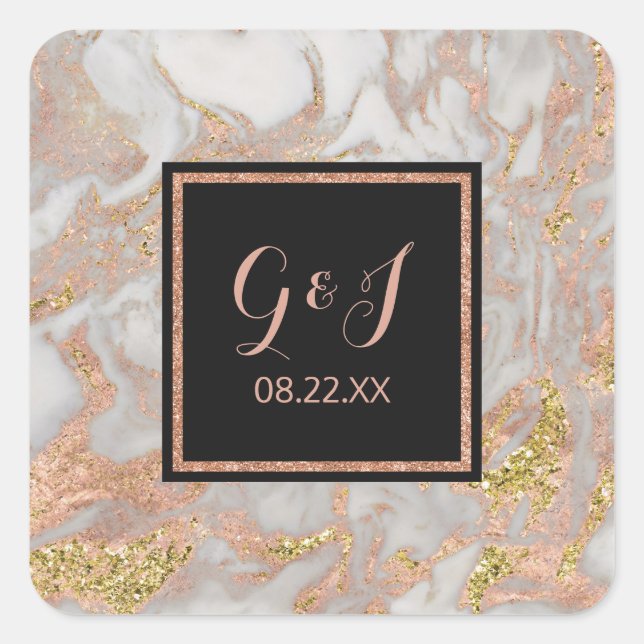 Modern Faux Rose Gold Marble Monogram Wedding Square Sticker (Front)