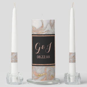 Modern Faux Rose Gold Marble Monogram Wedding Unity Candle Set