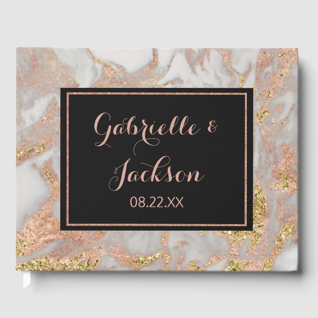 Modern Faux Rose Gold Marble Personalized Wedding Guest Book (Front)
